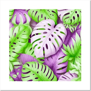 Pink Green Monstera Tropical Leaves Posters and Art